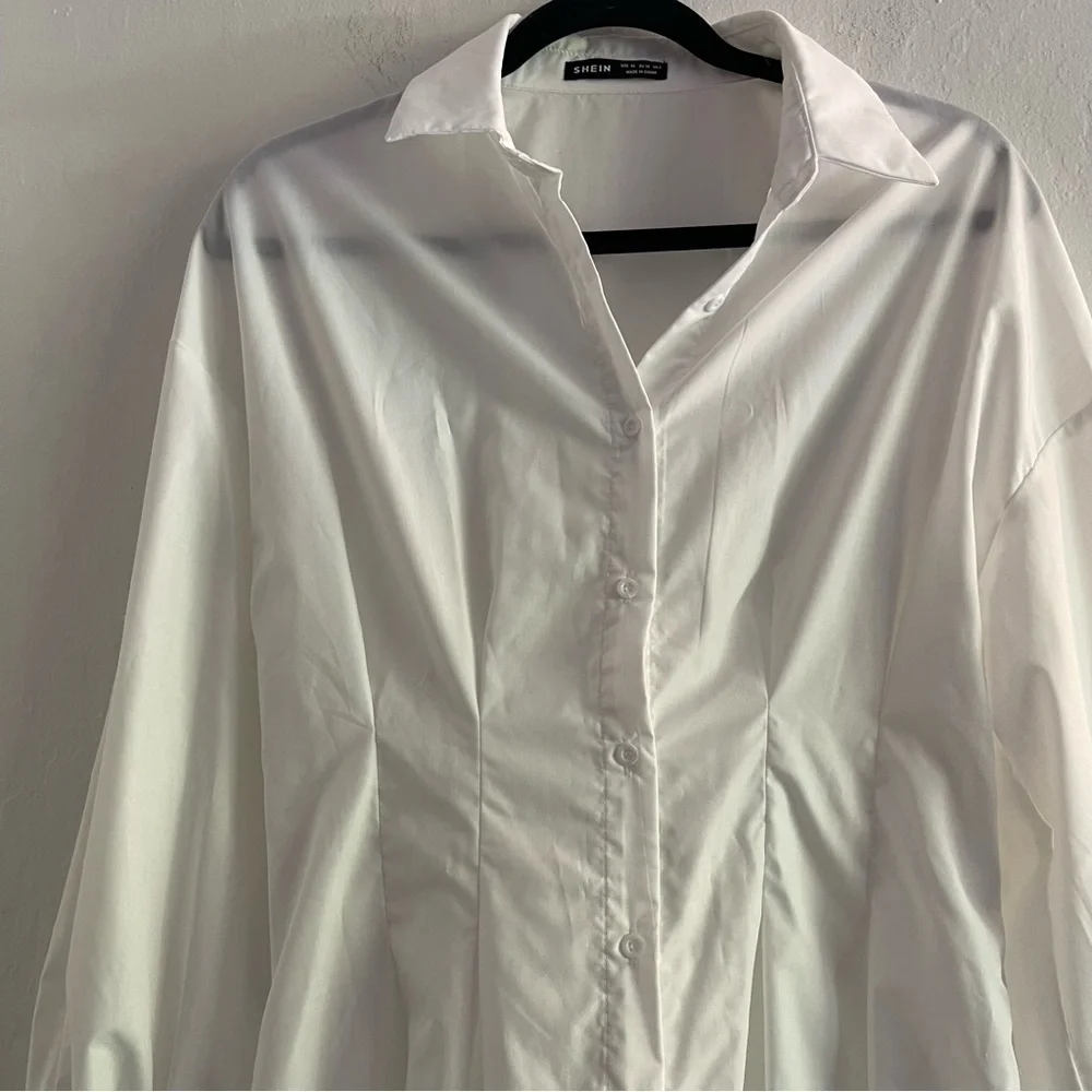 Shein White Oversized Button Up Collared Shirt Dress Sheer Womens Size 2 - Picture 6 of 9